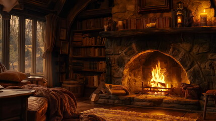 Fototapeta na wymiar cozy fireplace with crackling flames casting a warm glow