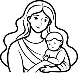 drawing of a mother holding her baby in her arms, outlined art, vector drawing, ink outline, outline art, line art, vector line