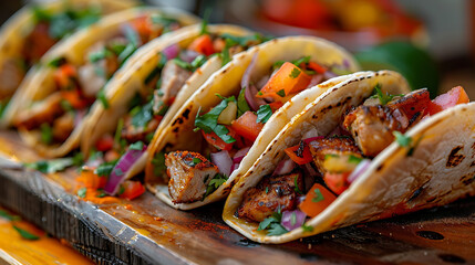 A plate of delicious tacos, filled with vibrant ingredients, ready to satisfy your cravings. Perfect for Mexican food enthusiasts or restaurant promotions.