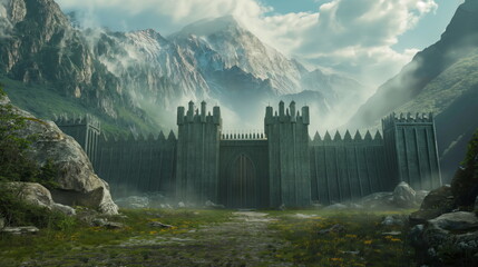 Enormous Fantasy castle walls and a huge stone gate blocking a pass between two mountains - obrazy, fototapety, plakaty