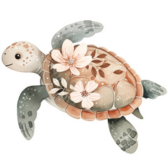Floral sea turtle watercolor clipart, cute tortoise illustration