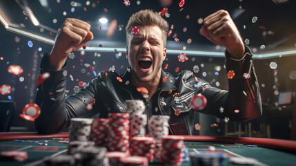 Happy Poker player celebrating inside a poker room
