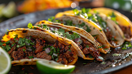 Delicious tacos on a plate with fresh ingredients, vibrant colors, and mouth-watering presentation, perfect for food lovers, Mexican cuisine enthusiasts, and restaurant promotions.