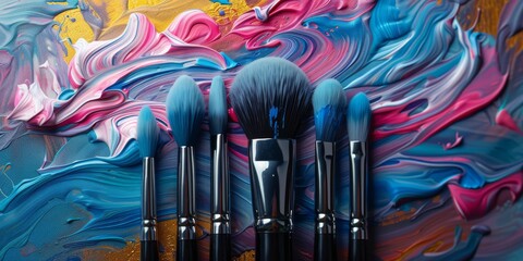 Cute makeup brushes as paintbrushes, creating a vibrant abstract masterpiece on a surreal canvas - obrazy, fototapety, plakaty
