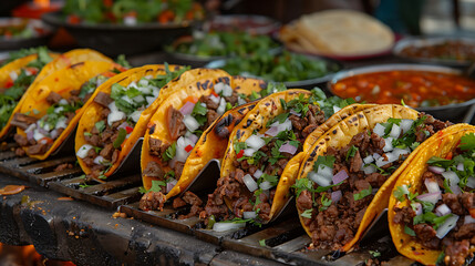 Delicious tacos arranged on a plate, showcasing vibrant colors and fresh ingredients, perfect for Mexican cuisine promotions, food blogs, or restaurant menus.