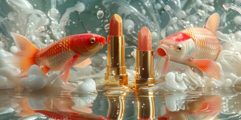 Playful lipstick tubes as colorful koi fish swimming in a pond of liquid gold 