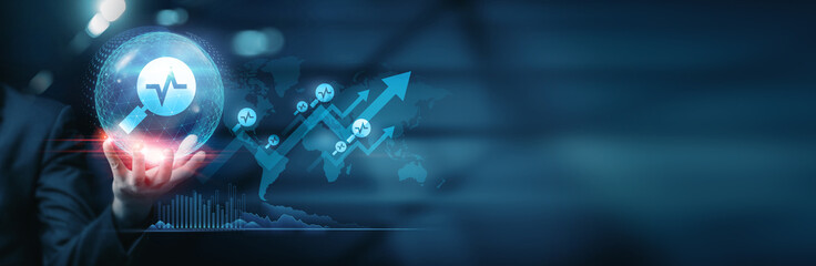 Business analyst holding an array of analytical data and performance icons. Analysis and strategic insights. Planning and business development.