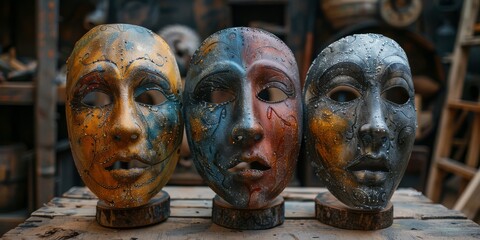 Whimsical face masks as theater masks, expressing different emotions in a surreal stage setting - obrazy, fototapety, plakaty