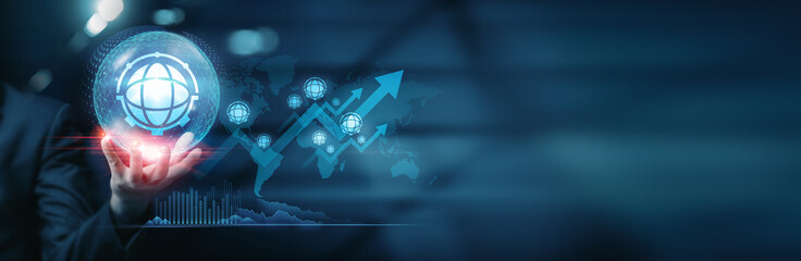 Businessman holding geographic information systems (GIS) icons. Mapping and spatial analysis. GIS data and infrastructure development.