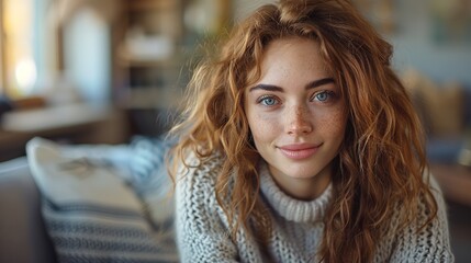 Obraz premium Happy young woman sitting on sofa at home and looking at camera. Portrait of comfortable woman in winter clothes relaxing on armchair. Generative Ai. 