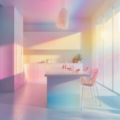 Pastel rainbow home living room interior. Soft light.