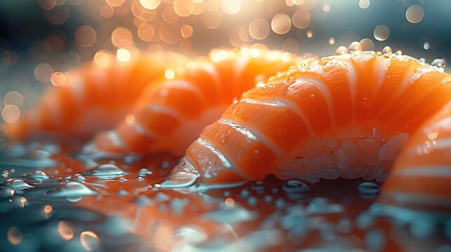 Close-up of a delicious salmon nigiri sushi garnished. Generative Ai. 