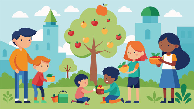 In partnership with local schools a neighborhood association plants fruit and nut trees in public parks and community spaces not only improving