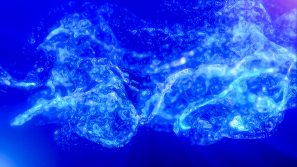 Blue multi-colored energy glowing magic liquid made of waves and electric iridescent plasma of high-tech digital lines and particles in water. Abstract background