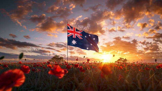 Realistic illustration for anzac day with the scene of a australian flag and field of red poppies