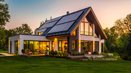A modern house with solar panels on the roof.