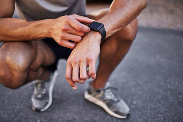 Smart watch, hands and runner on road to check health app, heart rate and exercise progress for...