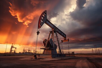 A Oil drilling machine in the desert, Industry, energy industry, gas station at sunset