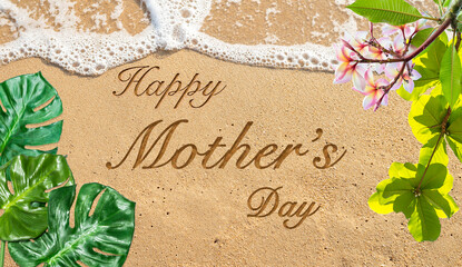 Happy Mother's day on sandy beach, greeting card background idea, tropical style