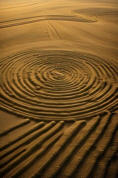 Beautiful crop circles in a golden wheat field - intricate patterns etched into the earth
