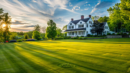 A large house with a green lawn and trees.