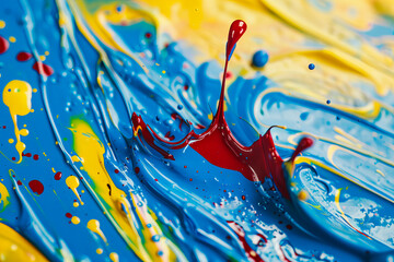 A close up of paint splashes on a blue and yellow surface. - Powered by Adobe