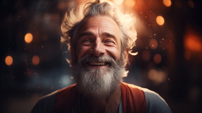 Older man with a beaming smile against a backdrop of glowing lights that evoke a sense of warmth and happiness