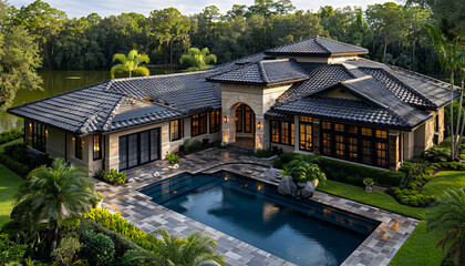 Obraz premium A large home with a pool and a lake.