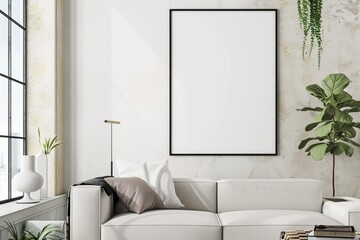 Scandinavian style living room with poster mockup created with generative ai