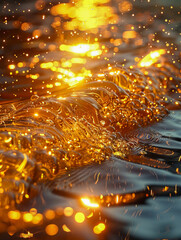 A close up of water with gold sparkles.
