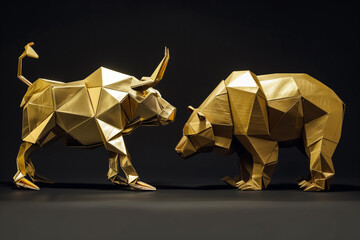 Bull and bear, iconic symbols of financial markets, are depicted as golden statues in a dynamic stance isolated on black, reflecting investor sentiment.