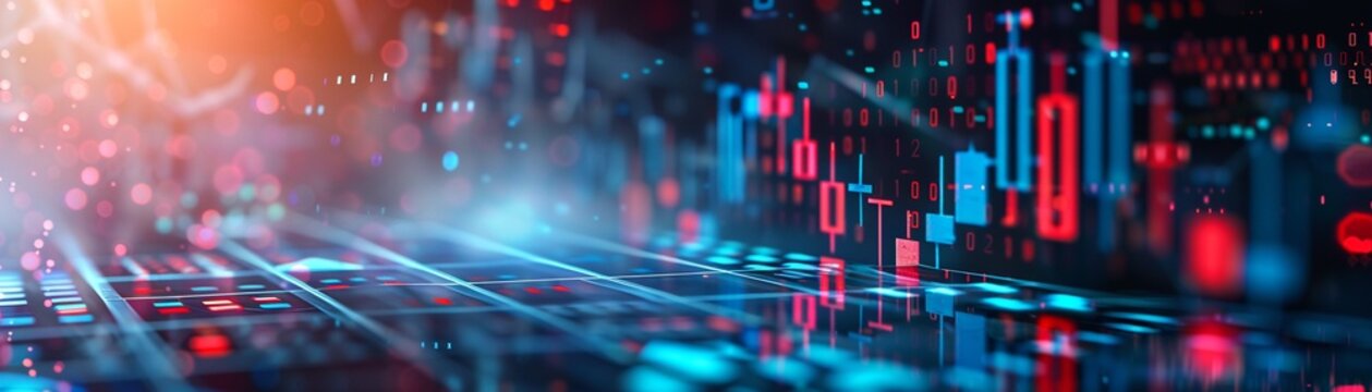 A vibrant, high resolution image capturing the essence of stock market data streaming through cyberspace, with glowing bokeh and digital graphics overlay.
