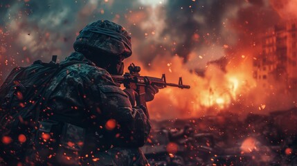 A soldier in full gear is captured in a tense moment on the battlefield, with an explosion illuminating the background, signifying the chaos of war. - obrazy, fototapety, plakaty