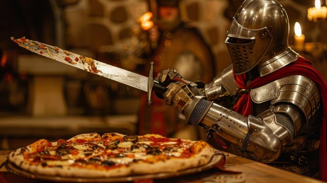 Medieval knight in full armor skillfully using a sword to slice pizza in a rustic tavern setting