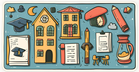 cons for education: books, graduation cap, school building, and pencil, designed in a clean and modern style