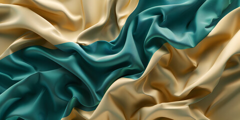 A close up of a turquoise and gold silk fabric. A blue and yellow silk fabric with a soft wave.

