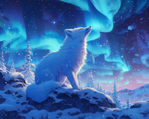 Obraz na płótnie Canvas A majestic white wolf howls at the aurora borealis in the night sky.