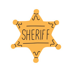 Sheriff badge isolated on white background. Vector illustration of a wild west police star. Hand drawn style.