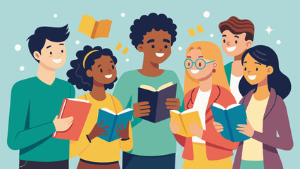 A group of teenagers excitedly exchanging their favorite books during a book club session facilitated by a youth literacy tutor who encourages