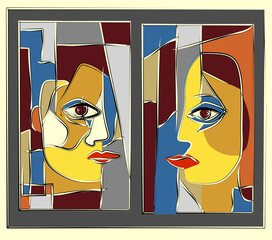 An abstract representation of two faces is depicted, one in each panel, with stylized features and bold lines segmenting the color areas.  - 788977727