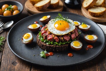 Beef tartare on grilled black bread with fried quail's eggs