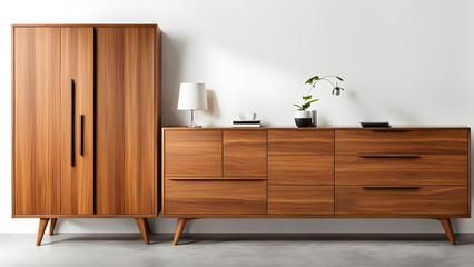 A modern style wooden storage cabinet with a white wall as the background, solving the style, home design, and decoration design