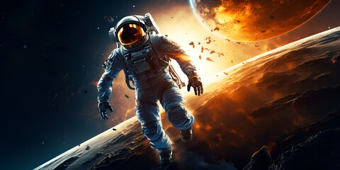 astronaut in space looking at earth futuristic exploration and universe on a lighted background
