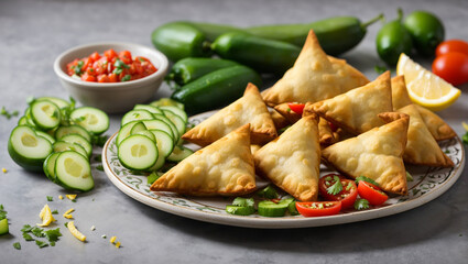 A plate of samosas with chilies and a bowl of sauce - obrazy, fototapety, plakaty