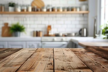 Empty wooden table and blurred background of modern kitchen. Ready for product display montage