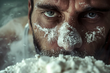 Man with powder on his face - obrazy, fototapety, plakaty