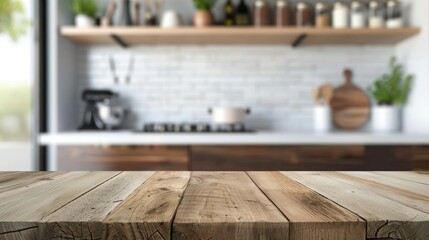 Empty wooden table and blurred background of modern kitchen. Ready for product display montage