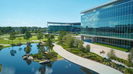 Corporate Headquarters with Reflective Water Features and Greenery