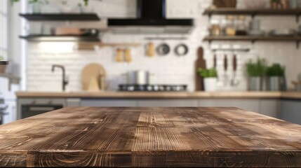 Empty wooden table and blurred background of modern kitchen. Ready for product display montage