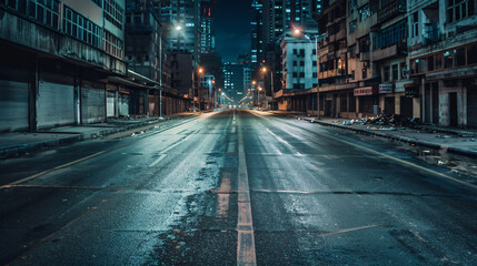A wet and empty street cuts through a deserted urban landscape at night, with closed shopfronts and the distant glow of city lights. - obrazy, fototapety, plakaty